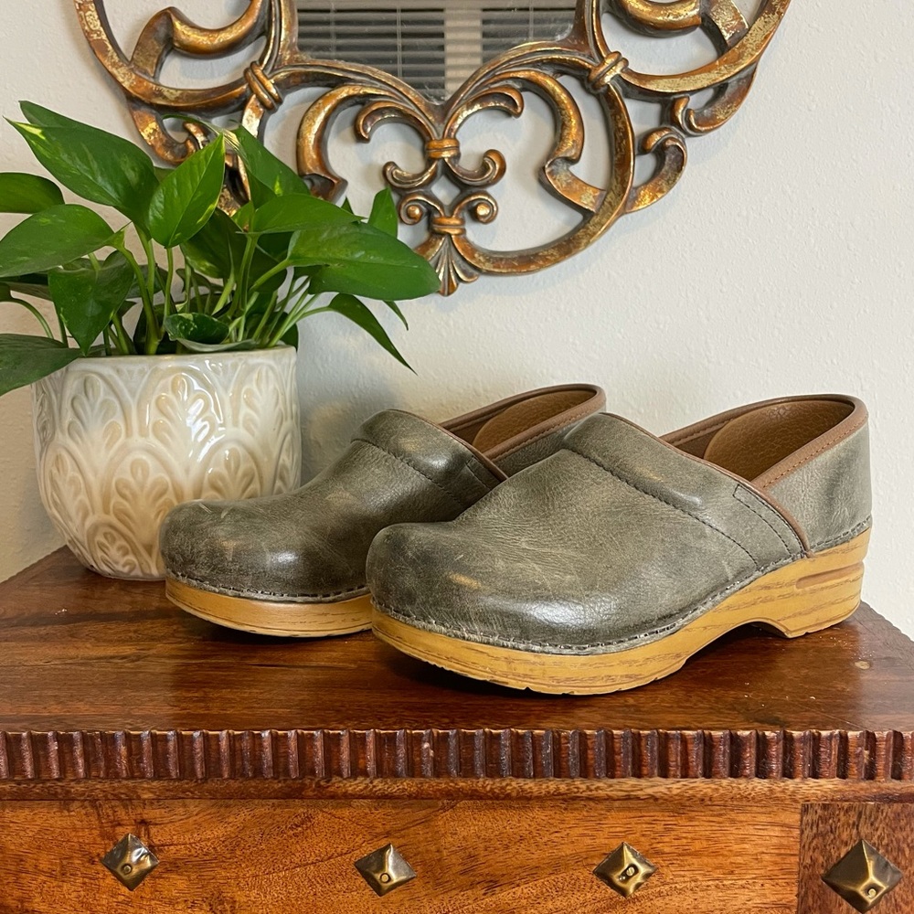 Dansko Green Leather Mules with Tan Sole